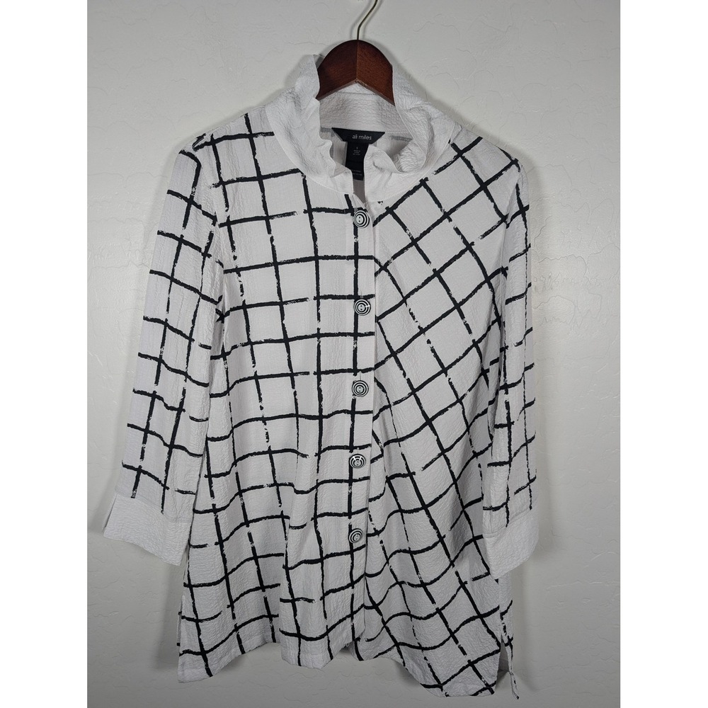 Ali Miles Blouse Womens Small White Black Windowpane Crinkle Button Front Ruffle